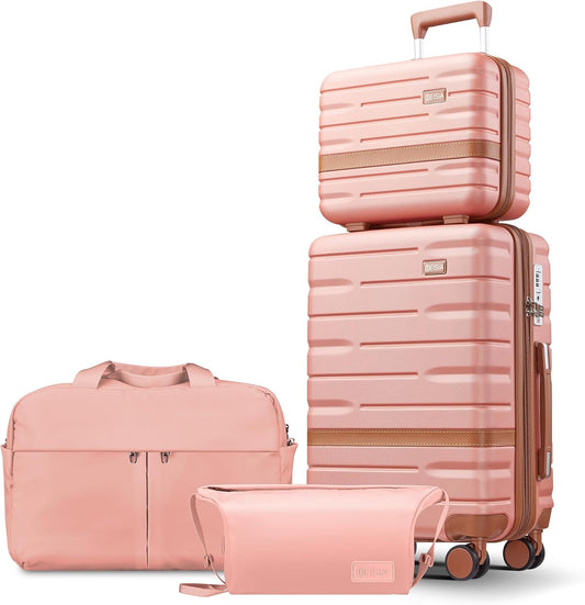 Luggage Sets 4 Piece with TSA Lock Hardside PC+ABS Carry On expandable Suitcase with Spinner Wheels Lightweight Rolling Travel Luggage Sets with YKK Zippers (Pink, 4 Piece Sets(14/20/DB/TB))