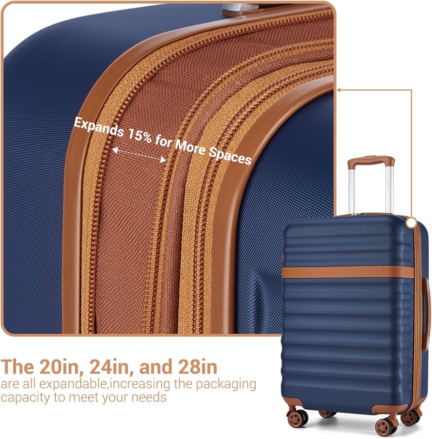 Kono Expandable 28 Inch Large Checked Luggage: ABS+PC Hardside Trolley Travel Case Hard Shell Suitcase with TSA Lock,Navy