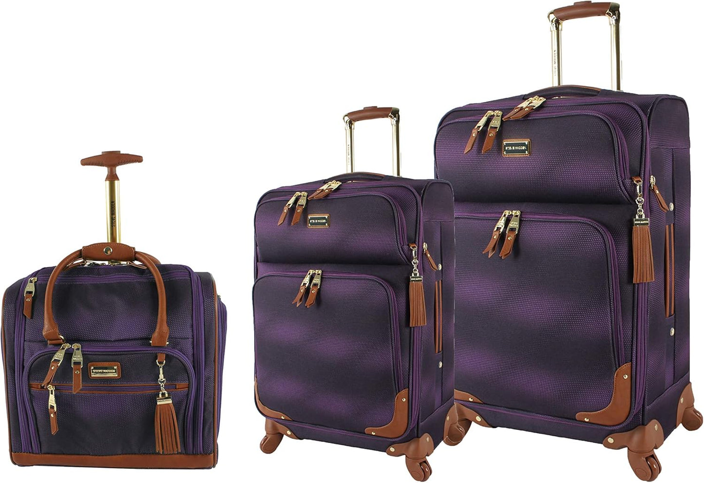 Steve Madden Designer Luggage Collection - 3 Piece Softside Expandable Lightweight Spinner Suitcase Set - Travel Set Includes an Under Seat Bag, 20-Inch Carry on and 28-Inch Checked Suitcase, Shadow