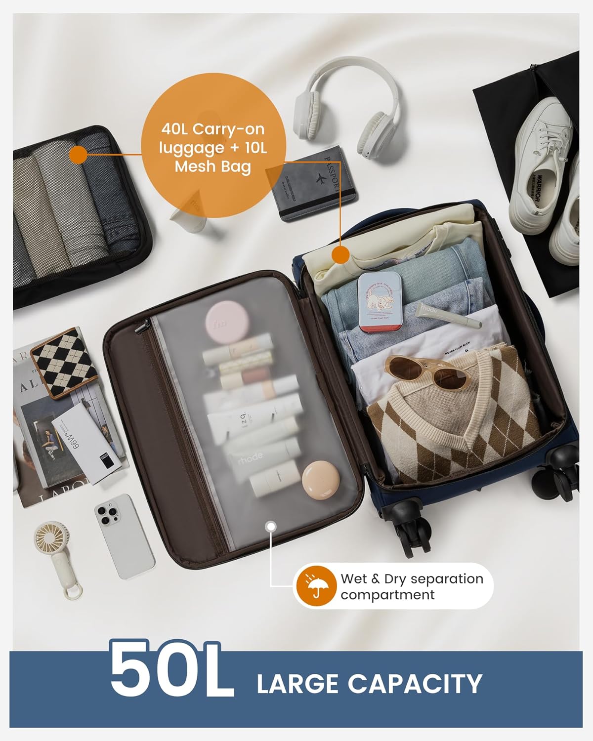 Carry On Luggage 22x14x9 Airline Approved, 22-Inch Suitcases with Spinner Wheels, Softside Carry-on Luggage with TSA Lock for Men Women Business Trip, Lightweight Large Capacity Luggage for Travel