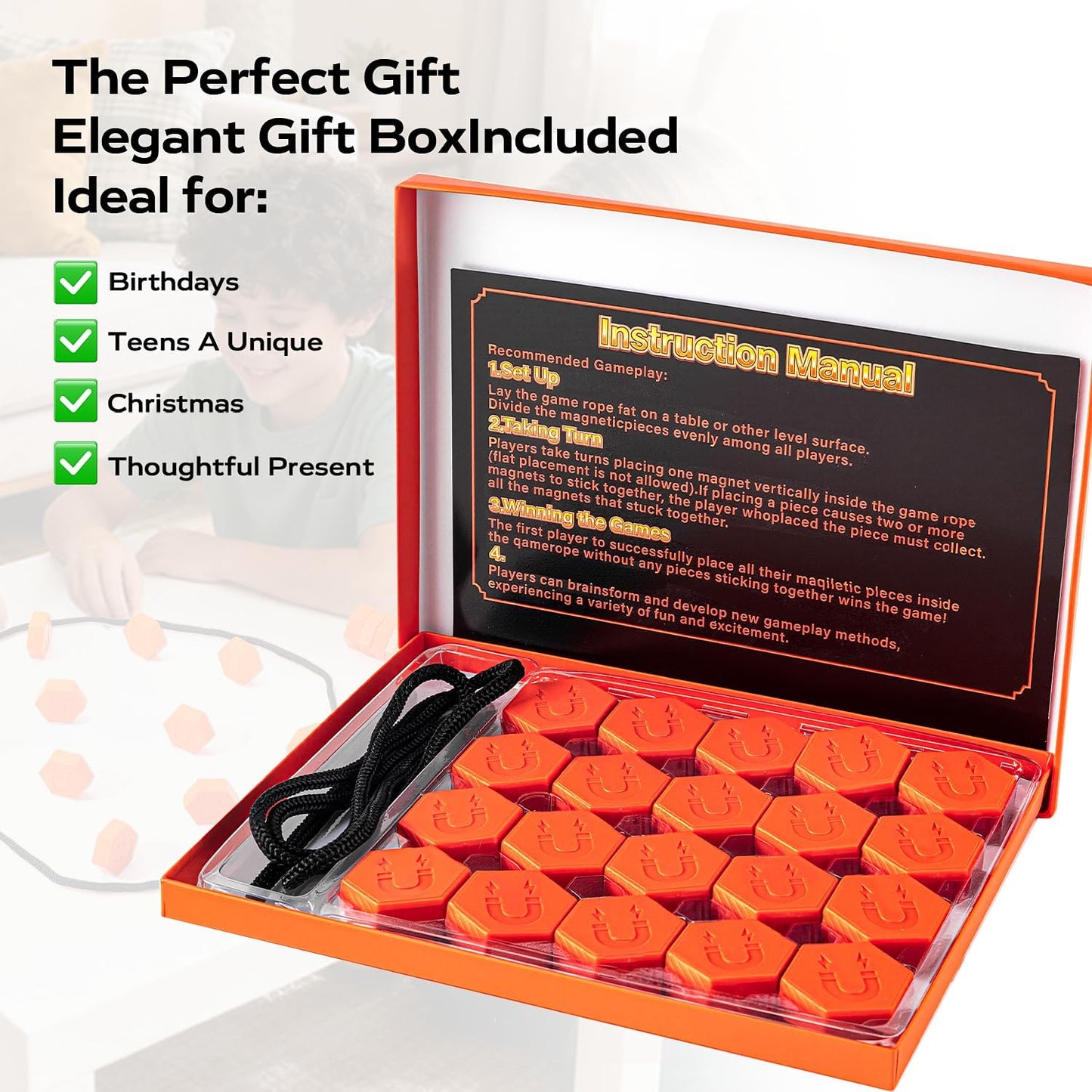 20-Piece Magnetic Chess Game with Textured Stones & Rope | Strategic Standing Play for Kids & Adults | Family, Party, Travel & Camping Puzzle Strategy Game