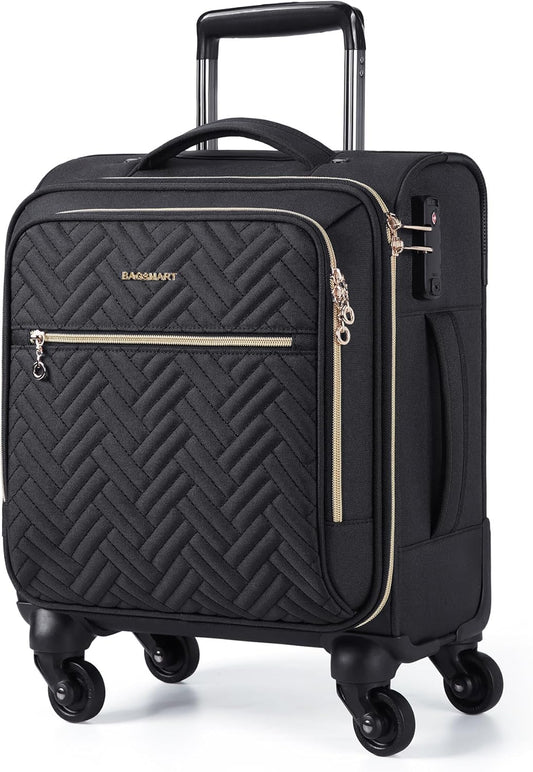 BAGSMART Underseat Carry On luggage Airline approved, 16-inch Softside Underseater Travel Suitcase with Spinner Wheels Lightweight Overnight Bag Small Rolling Carry-on for Women Men Weekender,Black