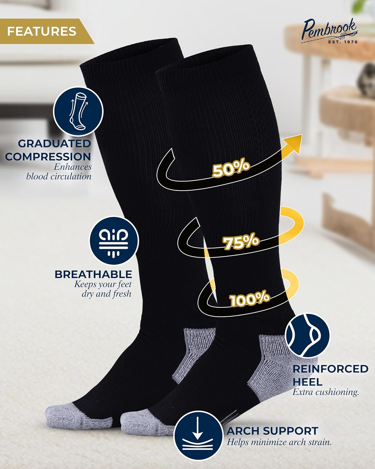 Pembrook Light Compression Socks for Men - 3 Pairs | 8-15 mmhg Compression Dress Socks for Men | Support Socks for Men
