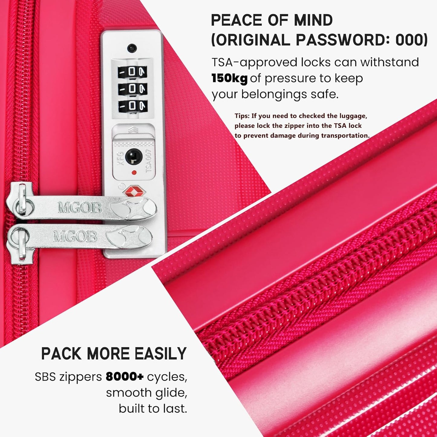 MGB Medium Luggage with Spinner Wheels Lightweight PP Hybrid Shell Suitcase With TSA Lock, Checked-Medium Luggage for Travel, Amaranth Red