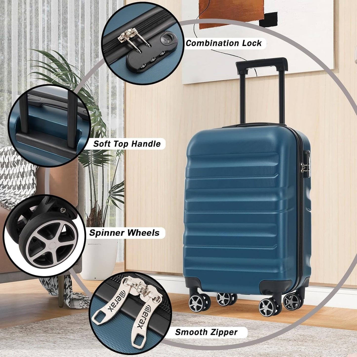 Merax Carry On Luggage Set 20 Inch Hardshell ABS Suitcase Airline Approved with Spinner Wheels Foldable Duffel Bag Lightweight Luggage for Weekend Trips Ink Blue