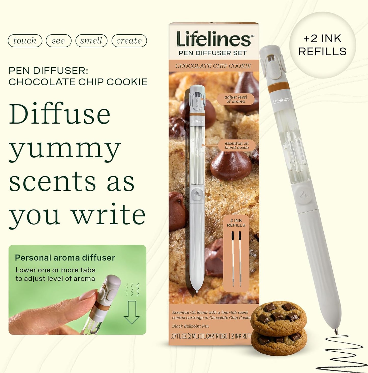 Lifelines Pen Diffuser Set, Chocolate Chip Cookie - 1mm Black Ballpoint Pen with Scented Essential Oil Blend & 2 Ink Refills – Aromatherapy Diffuser & Sensory Immersion Diffuse Aroma As You Write