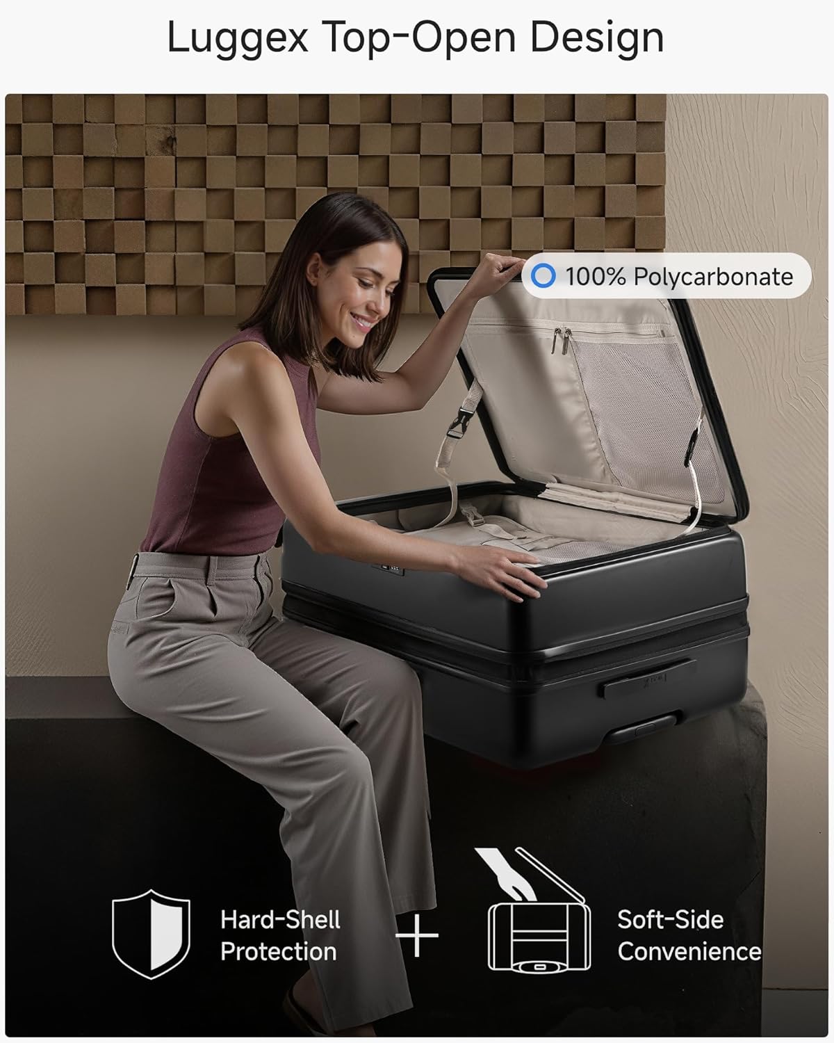 LUGGEX Checked Suitcase Top Opening, FLT Expandable Polycarbonate Hard Shell Suitcase with Wheels (FX-Lite, Black, 28 Inch, 105L-115L)