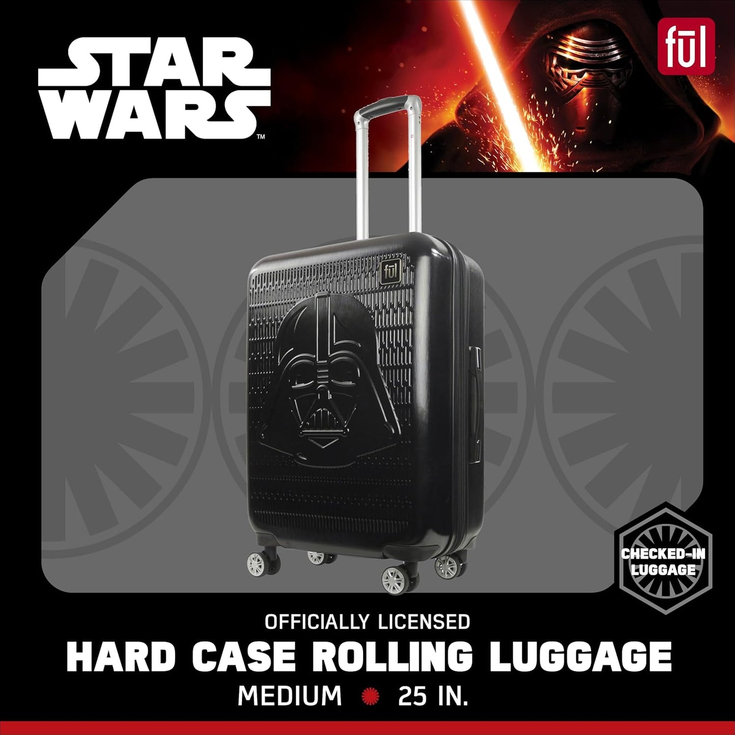 FUL Star Wars Darth Vader 25 Inch Rolling Luggage, Embossed Hardshell Suitcase with Wheels, Black