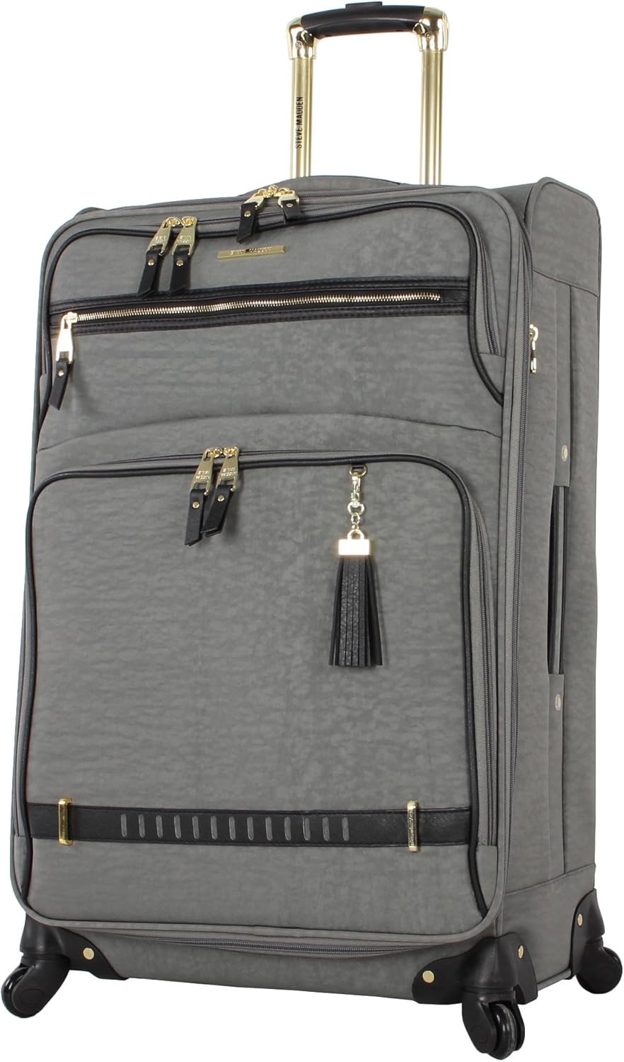 Steve Madden Designer Luggage - Checked Large 28 Inch Softside Suitcase - Expandable for Extra Packing Capacity - Lightweight Bag with Rolling Spinner Wheels (Peek-A-Boo Grey)