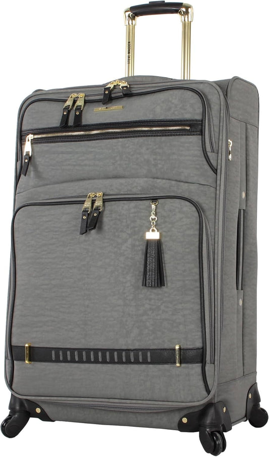 Steve Madden Designer Luggage - Checked Large 28 Inch Softside Suitcase - Expandable for Extra Packing Capacity - Lightweight Bag with Rolling Spinner Wheels (Peek-A-Boo Grey)