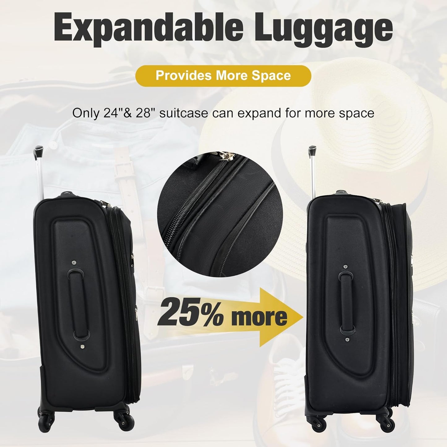 Merax Softside Luggage Set 3 Piece Suitcase with Duffel Bag Spinner Wheels Lightweight Expandable Travel Luggage 22" 26" 30",Black