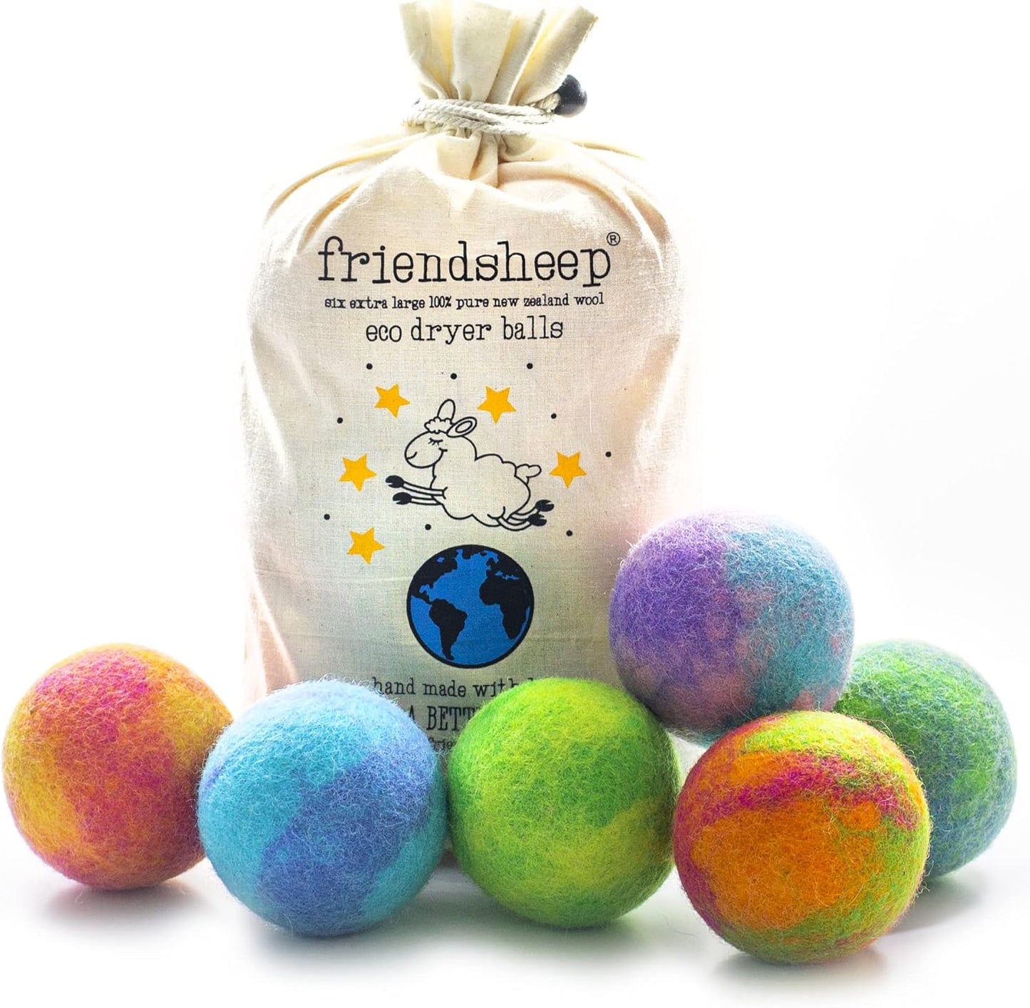 Friendsheep Wool Dryer Balls, Organic Reusable Fabric Softener Alternative for Laundry, Handmade, Fair Trade, Hypoallergenic, Eco-Friendly, Plastic-Free (6 Pack XL - Galxy Tie Dye)