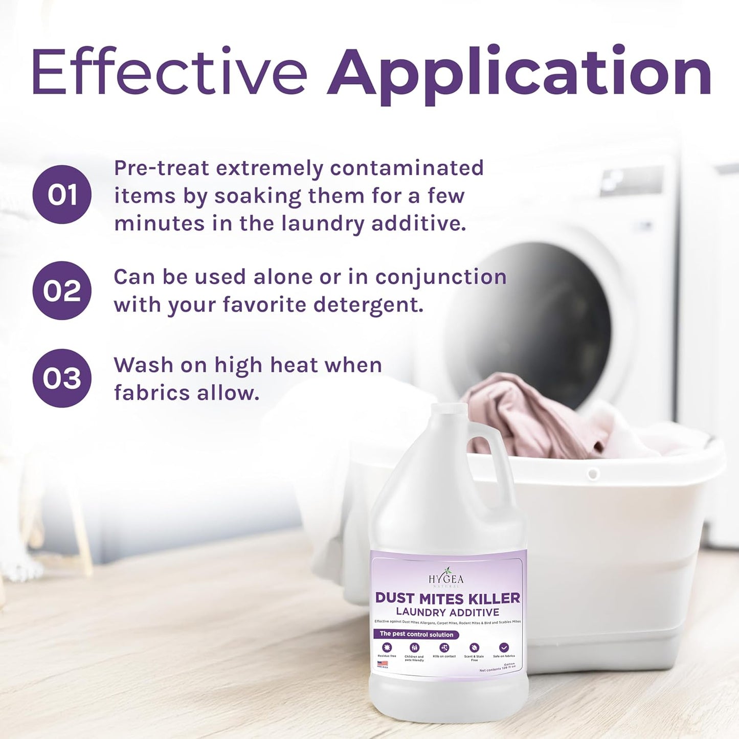 Hygea Natural Dust Mite Laundry Additive - Eliminates Dust, Carpet, Rodent, Bird & Scabies Mites - Pet & Child-Friendly, Eco-Friendly for Bedding, Clothing, Linens - 128oz