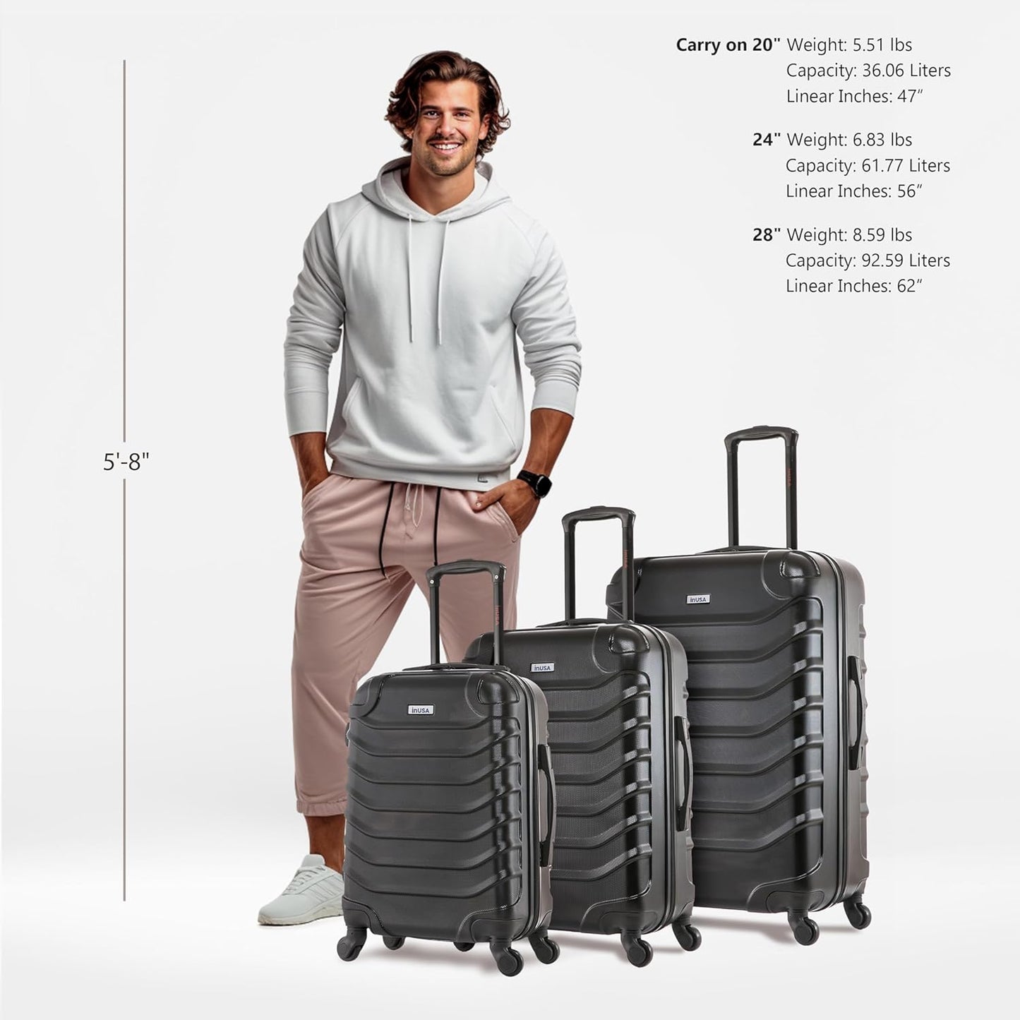 InUSA ENDURANCE Luggage with Spinner Wheels | Spacious Durable Lightweight Hardshell Suitcase, Travel Sets with Handle and Trolley | (20in, 24in, 28in) 3 Piece Luggage Set | Black