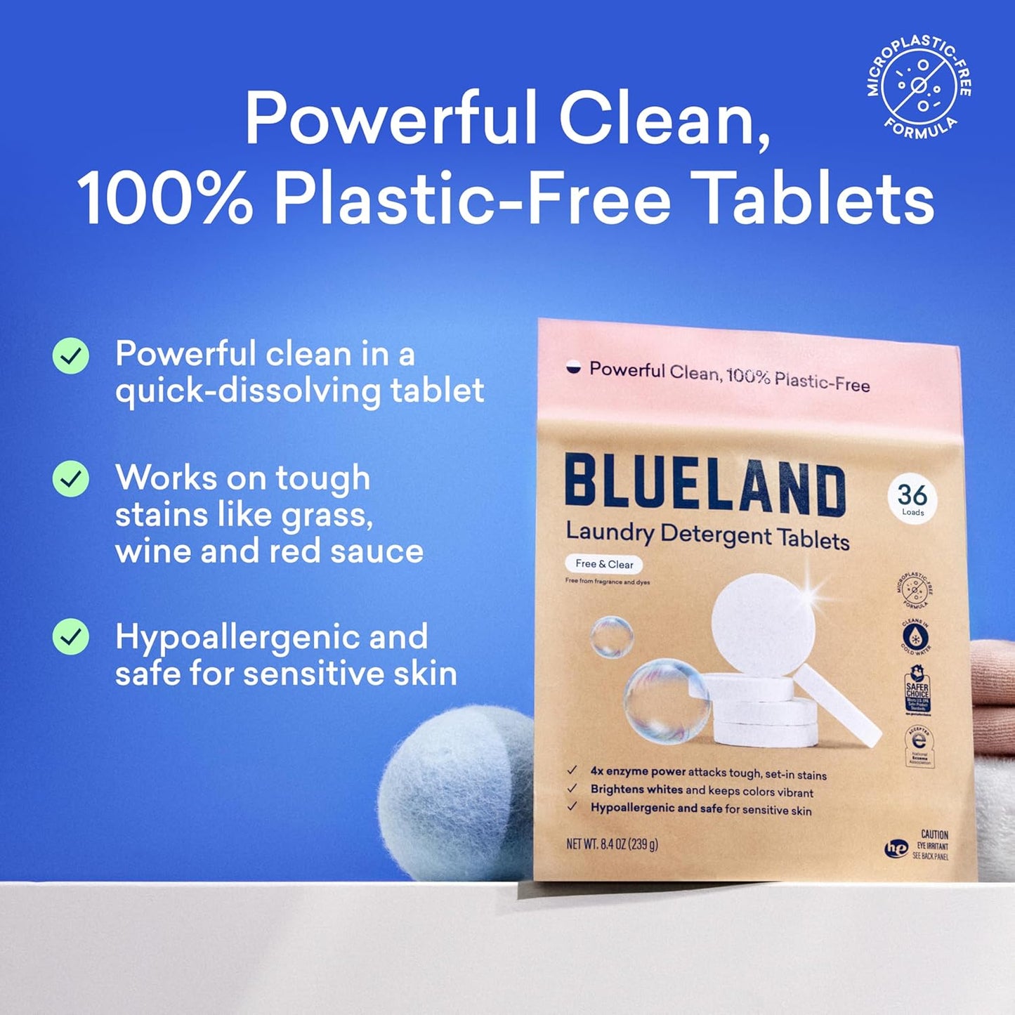 BLUELAND Laundry Detergent Tablets, 36 Count, Plastic-Free Eco-Friendly Pods, Sheets, Liquid Alternative - Fragrance Free and Clear, Natural, Gentle