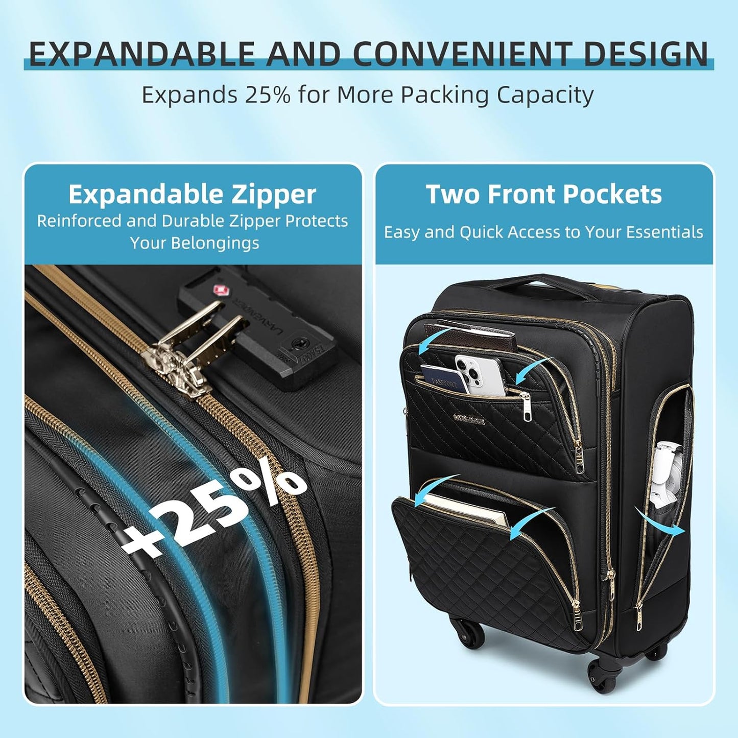 LARVENDER Softside Carry On Luggage 3 Piece, Expandable Carry On Luggage 22x14x9 Airline Approved 20-inch Carry on Suitcase with Spinner Wheels for Men Women, TSA Lock, Black (20/BP/TB)