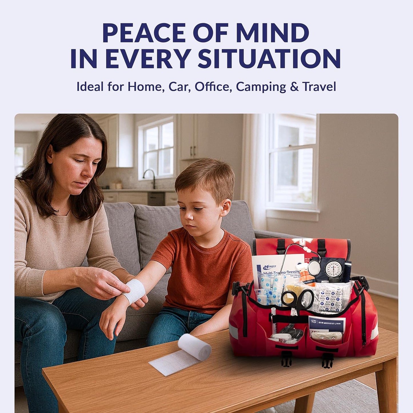 MFASCO First Aid Kit - Fully Stocked Portable Reflective Bag -First Responder Emergency Response Kit -for Natural Disaster Preparedness - Customizable Storage -Includes 415 Pcs First Aid Supplies- Red