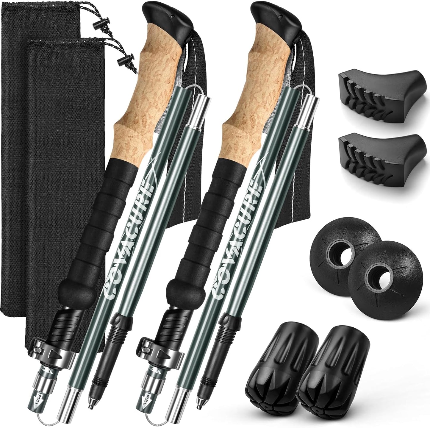 COVACURE Walking Sticks - Trekking Poles with Anti-Shock Tips, Lightweight & Foldable Collapsible Hiking Poles for Snow Trails & Mountain Climbs, Durable Trekking Gear for Men and Women