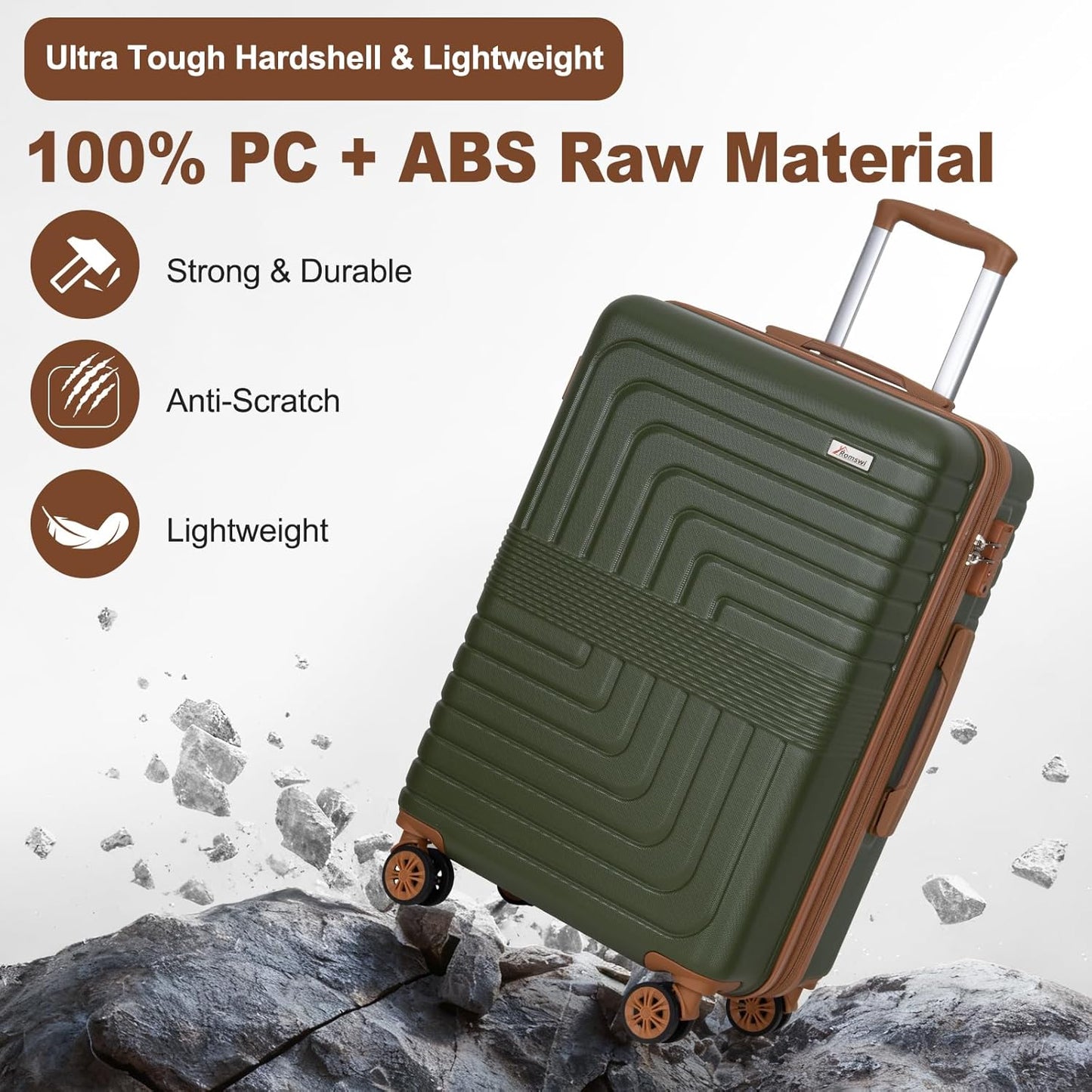 Romswi 3-Piece Luggage Set 21/25/30 Inch, Expandable PC+ABS Hardshell Suitcases, Durable Lightweight Suitcase Set with TSA Lock & Dual Spinner Wheels, Silver