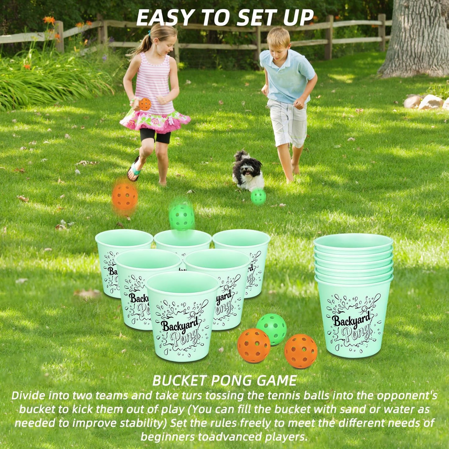 Mostop Yard Pong Outdoor Games Glow in Dark, Giant Yard Game Set with 12 Buckets, 6 Balls and Carrying Bag, Toss Throwing Game for Kids Adults Lawn, Beach, Camping, Tailgating or Backyard Activities