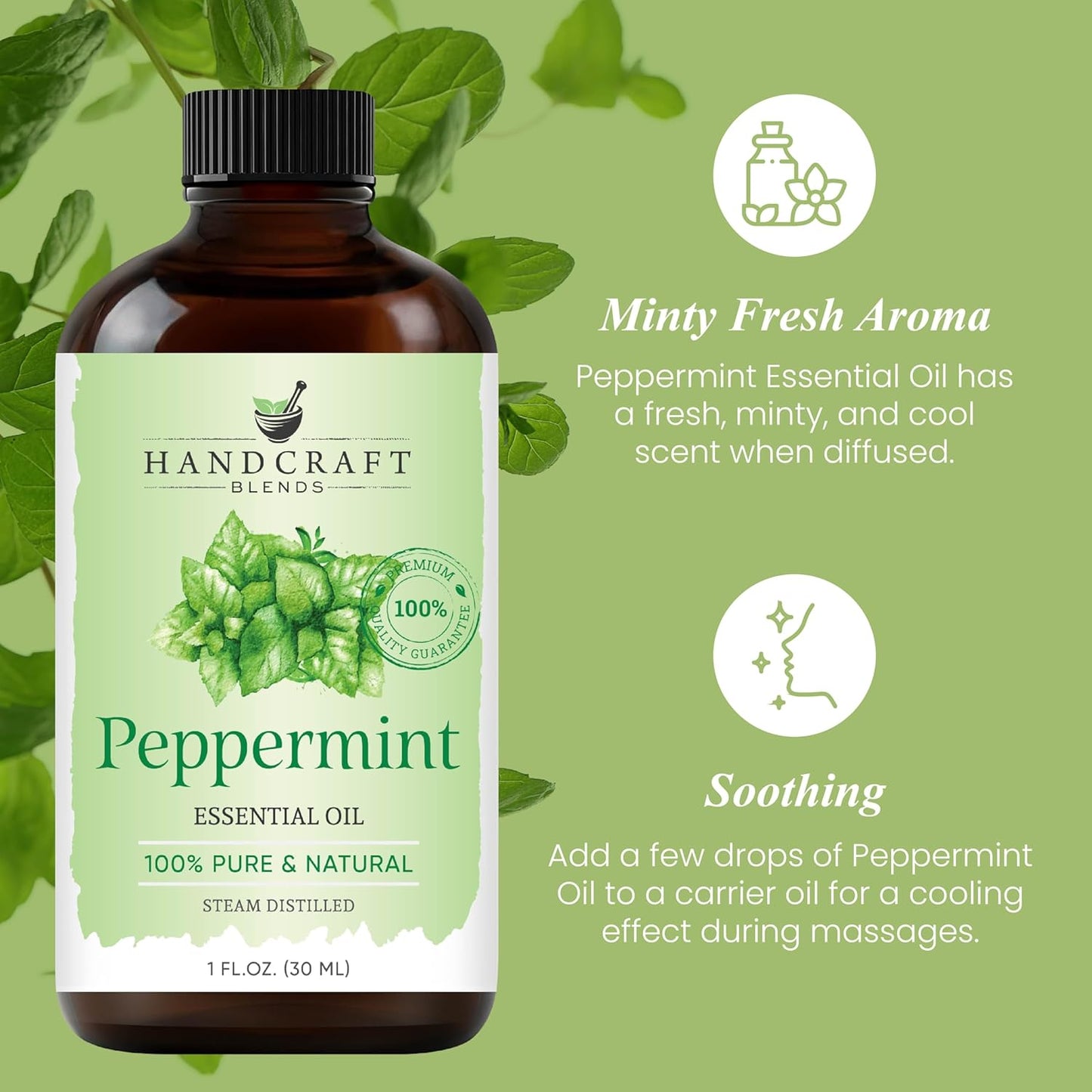 Handcraft Blends Peppermint Essential Oil – 1 Fl Oz – 100% Pure and Natural – Premium Grade Essential Oil for Diffuser and Aromatherapy, Skin, Massage, Candle and Soap Making Fragrance