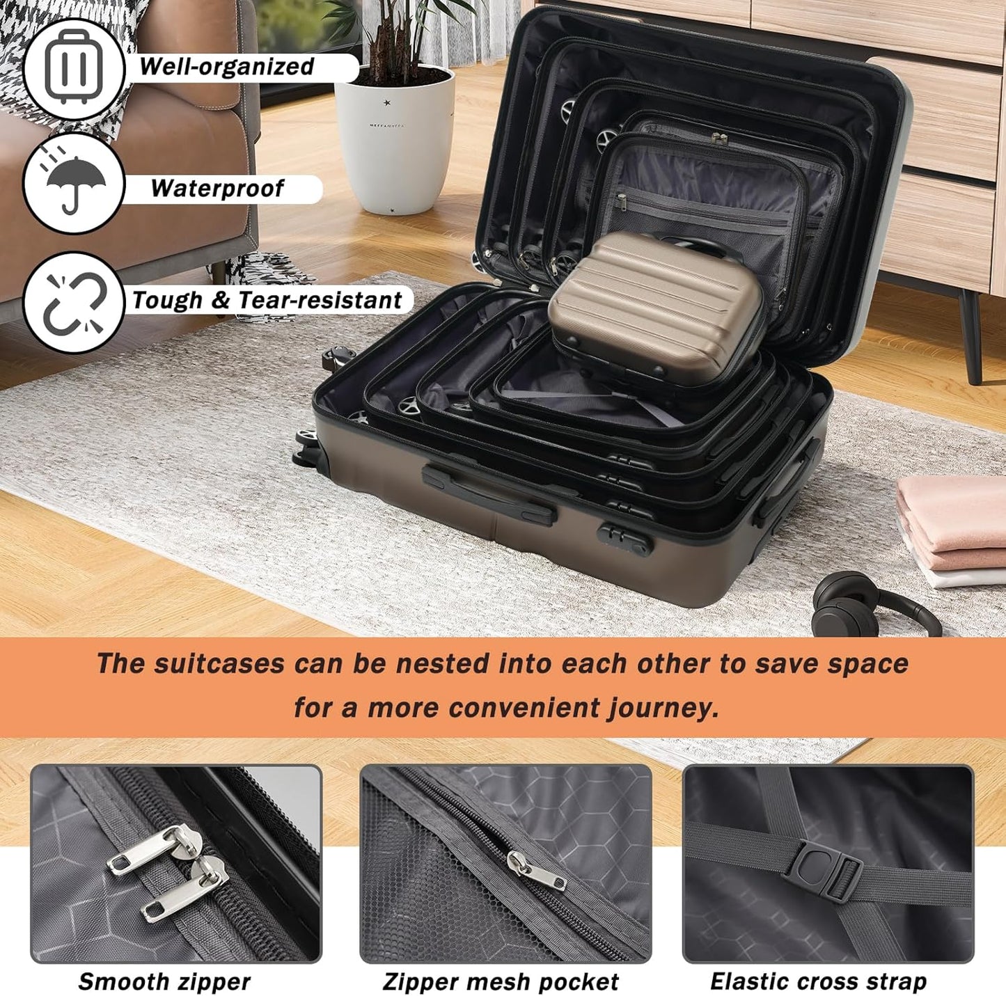 Merax Luggage Set 6 Piece, Hardshell ABS Suitcases with 8 Silent Spinner Wheels, Durable and Lightweight Travel Luggage for Family Trips, Brown