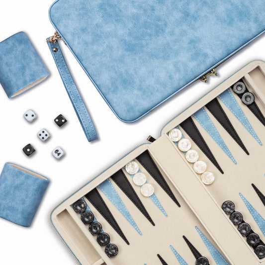 Backgammon Sets for Adults, Classic Board Game with Folding Faux Leather Backgammon Case, Portable Travel Backgammon Game Set (Blue)
