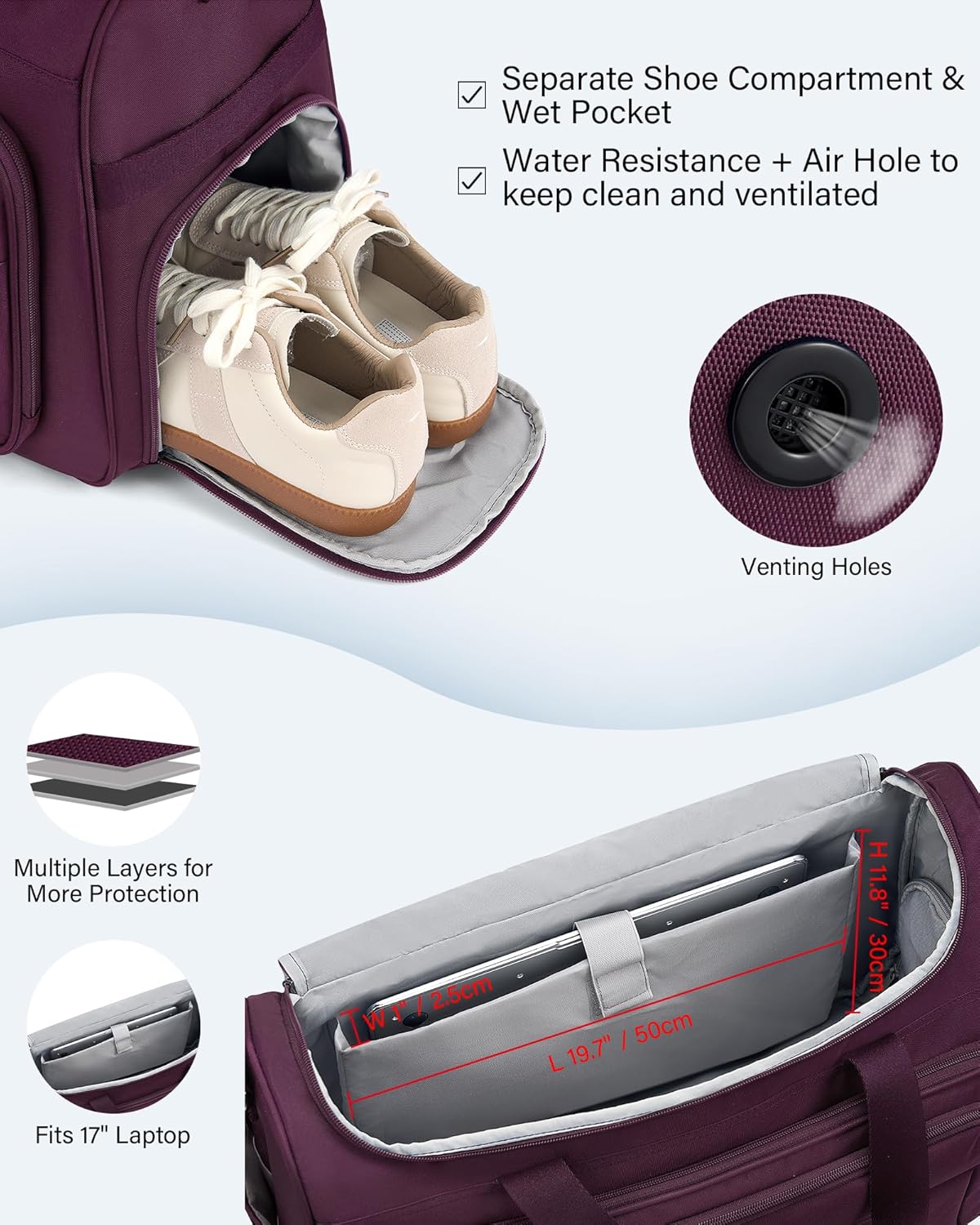 Carry on Duffel Bag Foldable Duffle Bags for Travel, Large Personal Item Bags for Airplanes, Weekender Overnight Mens Travel Tote Bag for Women Softside Carry on Luggage (Purple)