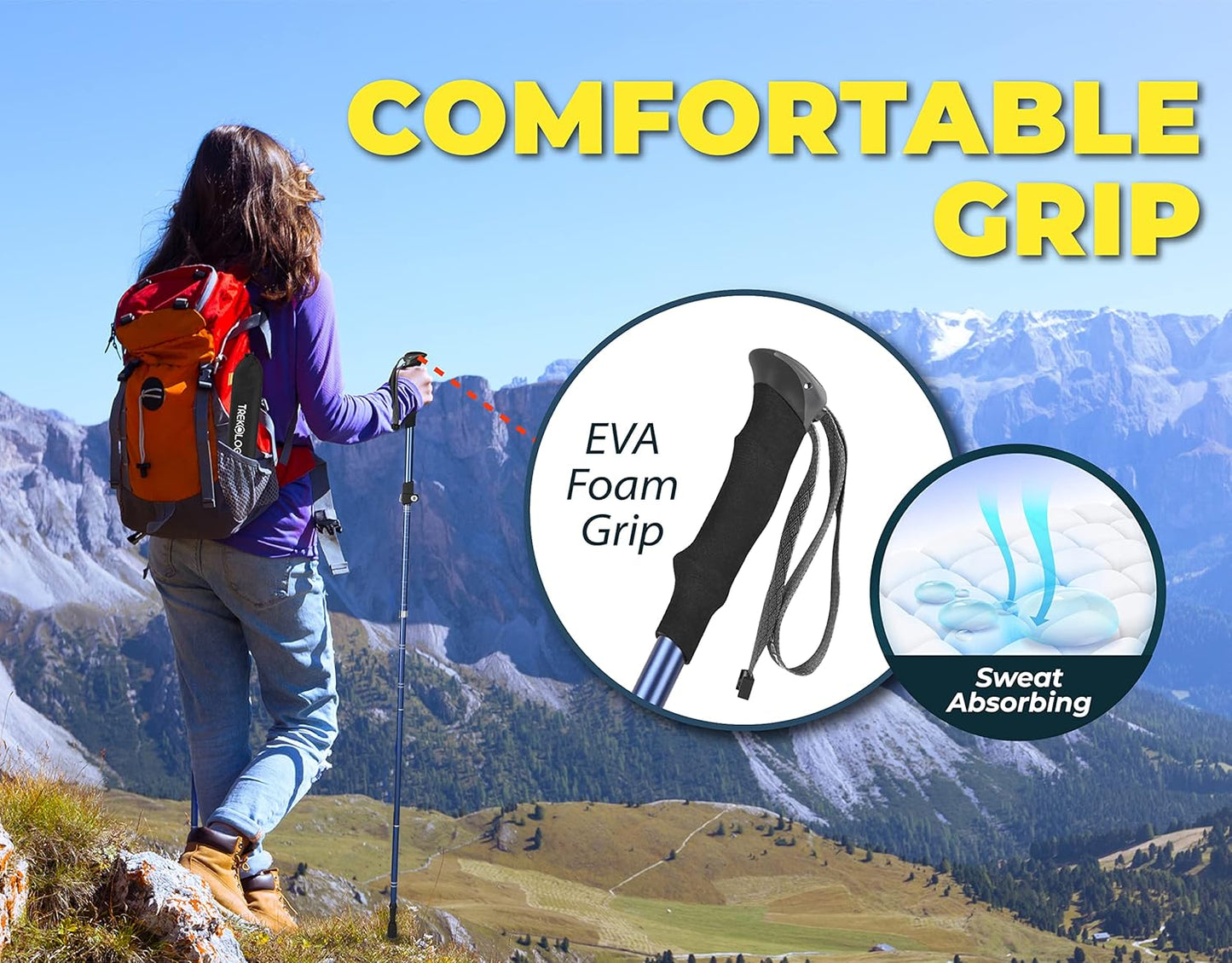 TREKOLOGY TREKZ SE 2pc Collapsible Hiking Stick - Lightweight, Foldable Retractable Trekking Poles for Men, Women & Seniors with Adjustable Heights - Nordic Walking Stick for Backpacking, Camping