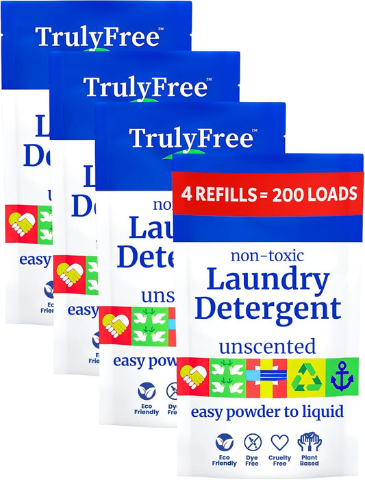 Truly Free Laundry Wash Detergent for Sensitive Skin | Gentle & Safe for Baby Clothes | Plant-Based, Natural Ingredients | Unscented | Refill Only (200 Loads)