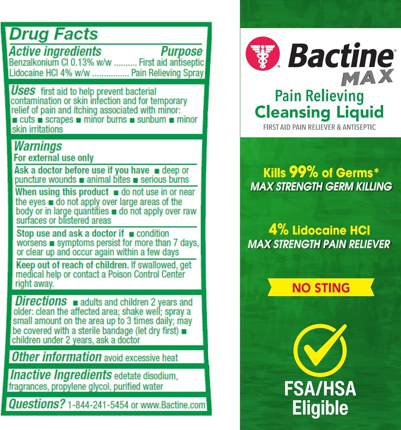 Bactine MAX First Aid Spray - Pain Relief Cleansing Spray with 4% Lidocaine - Numbing Lidocaine Kills 99% of Germs - Pain + Itch Relief for Minor Cuts & Scrapes, Burns & Bug Bites - 5oz, 4 Pack