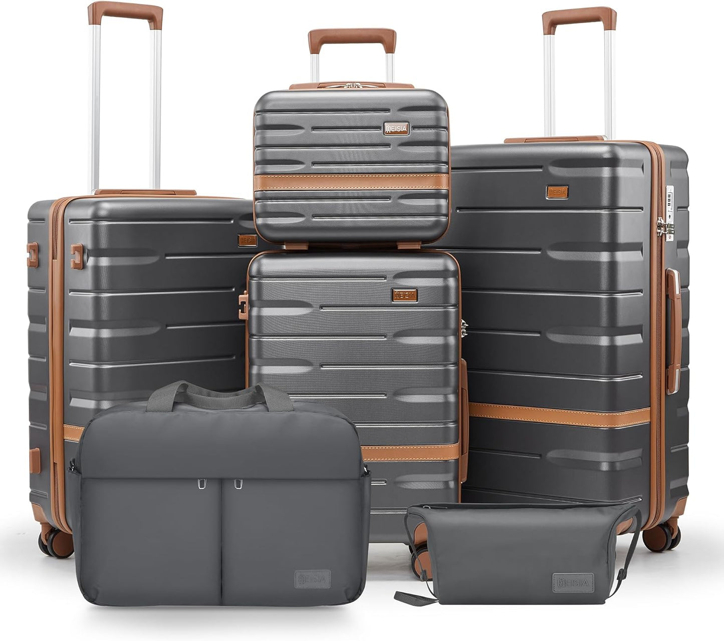 Luggage Sets, Suitcase with Spinner Wheels, PC+ABS Hardshell Travel Luggage Set with TSA Locks,Lightweight Rolling Luggage，Carry on suitcase with YKK Zippers(Gray, 6 piece set(14/20/24/28/DB/TB))