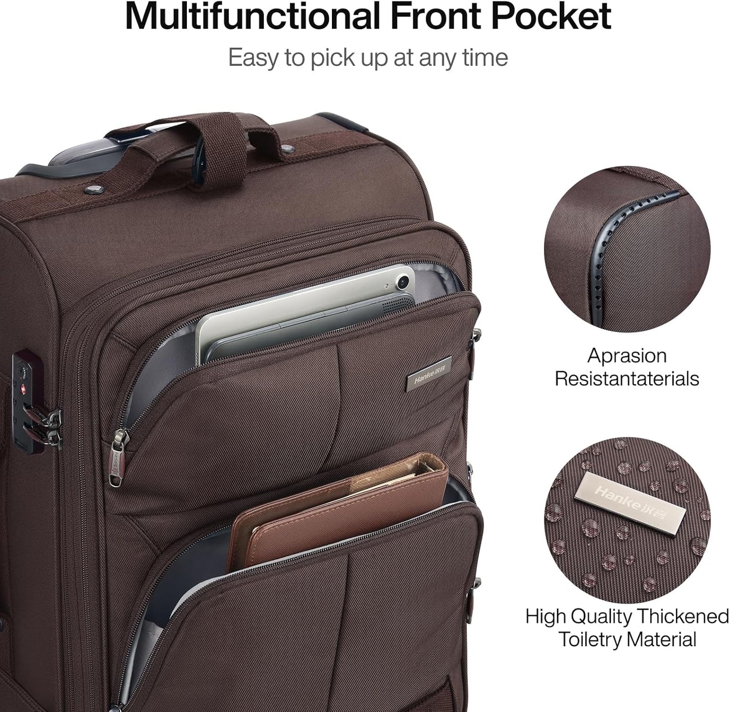 Hanke 20 Inch Softside Expandable Carry On Luggage with Spinner Wheels, Rolling Suitcase Travel Luggage with TSA Approved Luggage,Coffee
