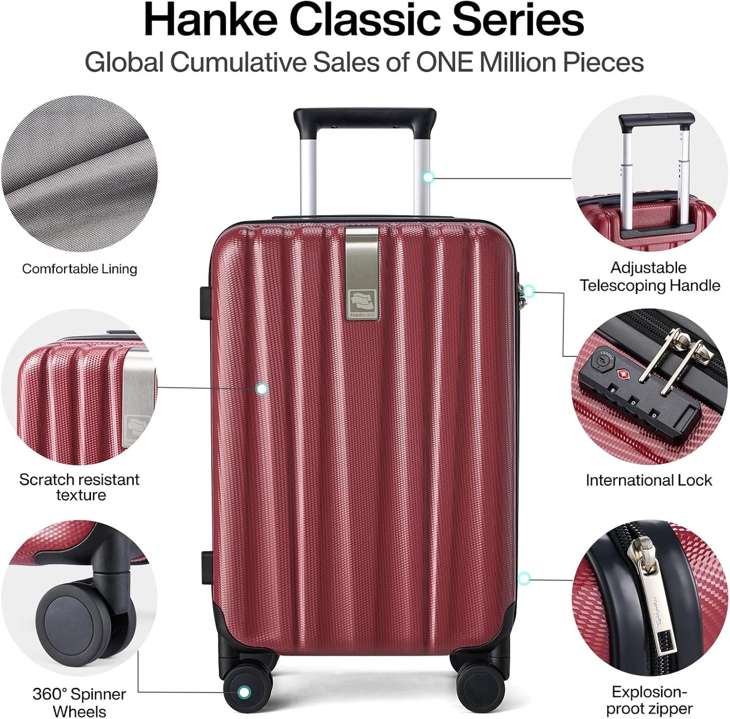 Hanke 20 Inch Carry On Luggage 22x14x9 Airline Approved Lightweight PC Hard Shell Suitcases with Wheels Travel Luggage Rolling Suitcase Travel Luggage Bag Christmas Gifts for Birthday （Burgundy）