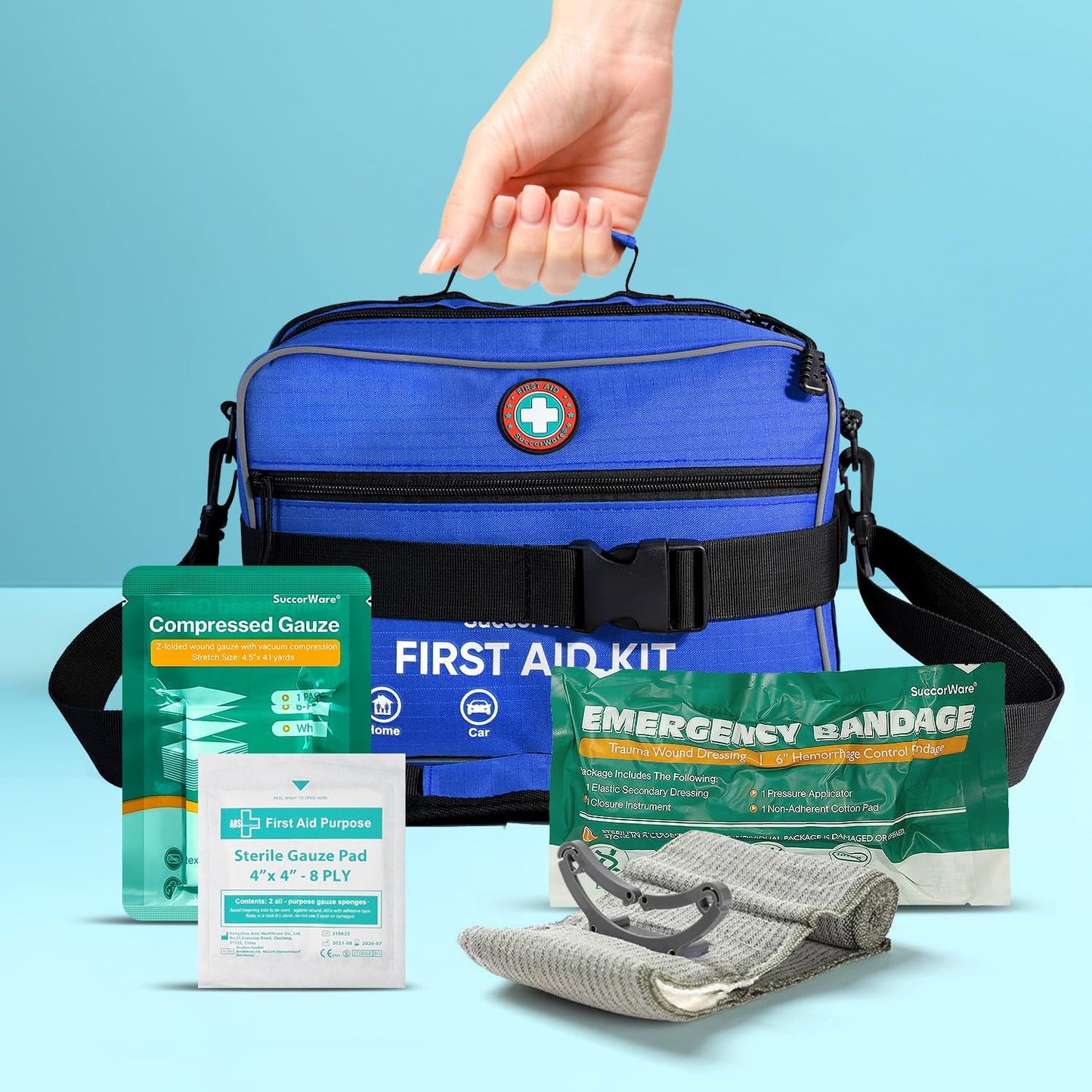 Professional 435 Pieces Large First Aid Kit - Includes Compressed Gauze - Compartments Emergency Medical Kit for Home, Camping, Backpacking, Travel, Boat, Car,Outdoors (Blue)