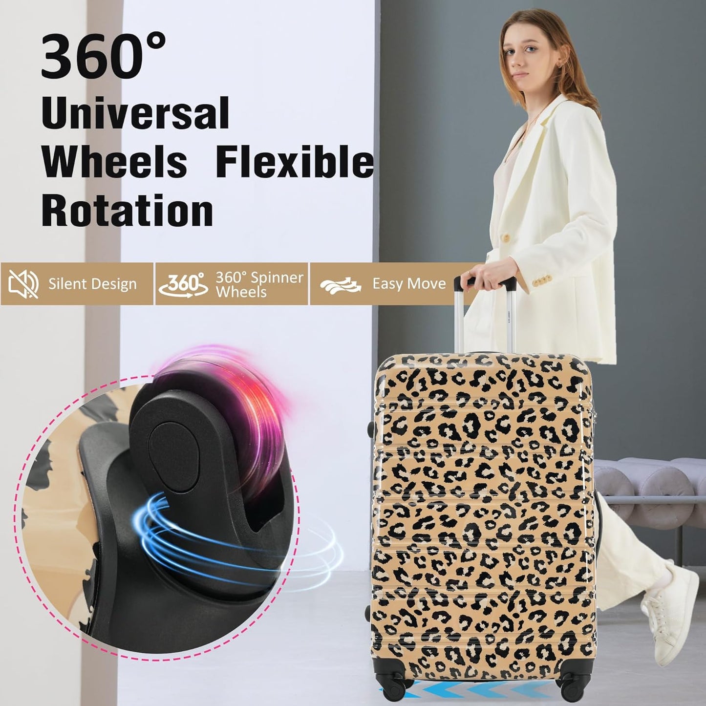 Merax Luggage Sets 3 Piece, Hardside Expandable Suitcase Set with Spinner Wheels, Lightweight Leopard Luggage 20+24+28 IN,Leopard Brown