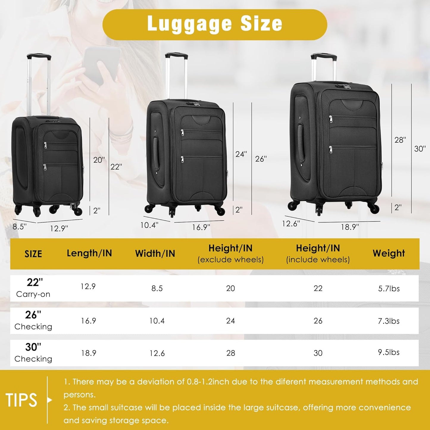 Merax Softside Luggage Set 3 Piece Suitcase with Duffel Bag Spinner Wheels Lightweight Expandable Travel Luggage 22" 26" 30",Black