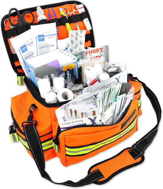 Lightning X Products Lightning X Mid-Sized First Responder EMT Bag | LXMB25 Fully Stocked Aid Kit w/ 200+ BLS Supplies - Orange