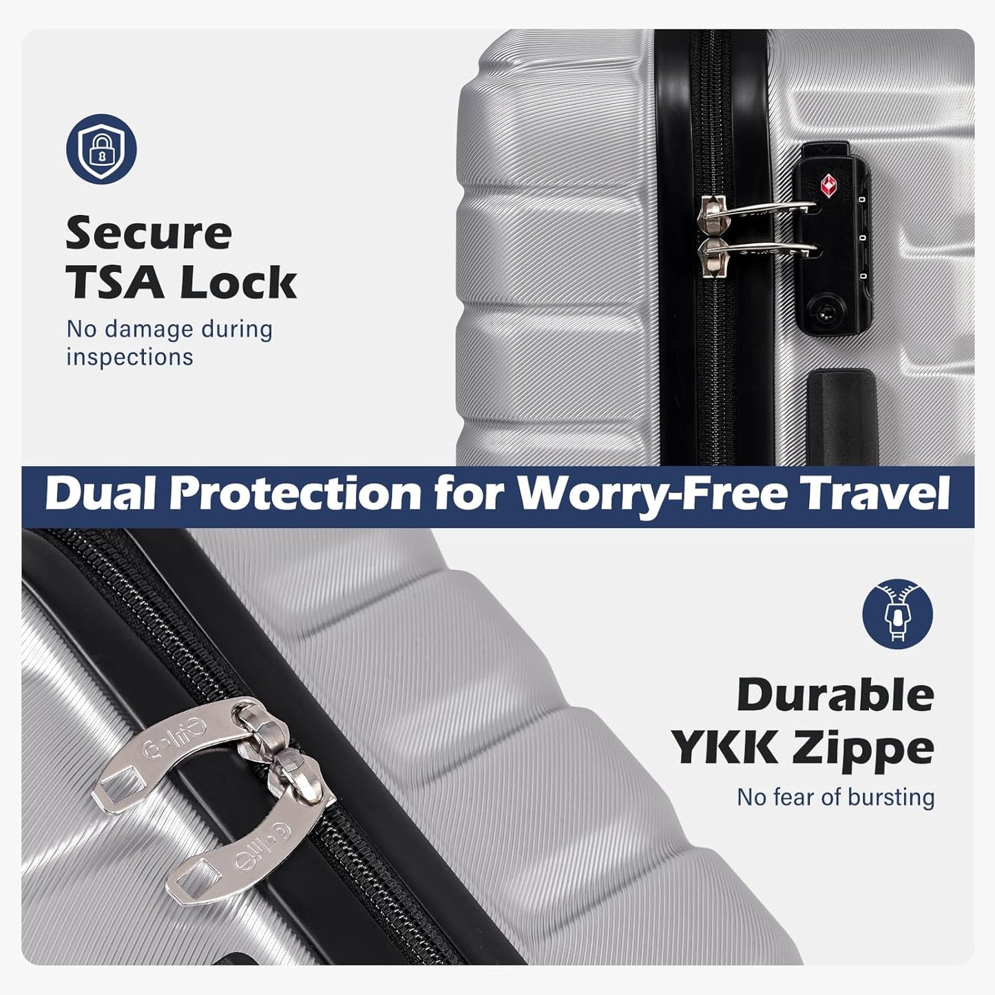 Coolife Carry On Luggage Airline Approved with Wheels Hard Shell Suitcase Spinner TSA Lock Telescopic Handle 20-inch,Silver