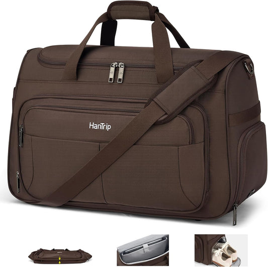 Carry on Duffel Bag Foldable Duffle Bags for Travel, Large Personal Item Bags for Airplanes, Weekender Overnight Mens Travel Tote Bag for Women Softside Carry on Luggage (Coffee)