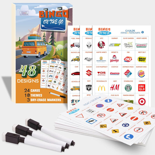 48 Designs 9 Themes Car Bingo and Road Trip Scavenger Hunt Game with 3 Markers for Kids, Fun Travel Activity for Kids Ages 3-8