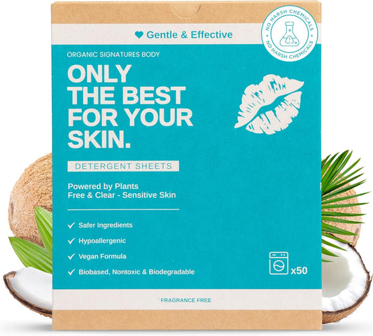 Laundry Detergent Sheets - Hypoallergenic, Plant-Based with Coconut Oil & Soapberry Extract - Unscented, Safe for Colors & Whites, 50-Pack