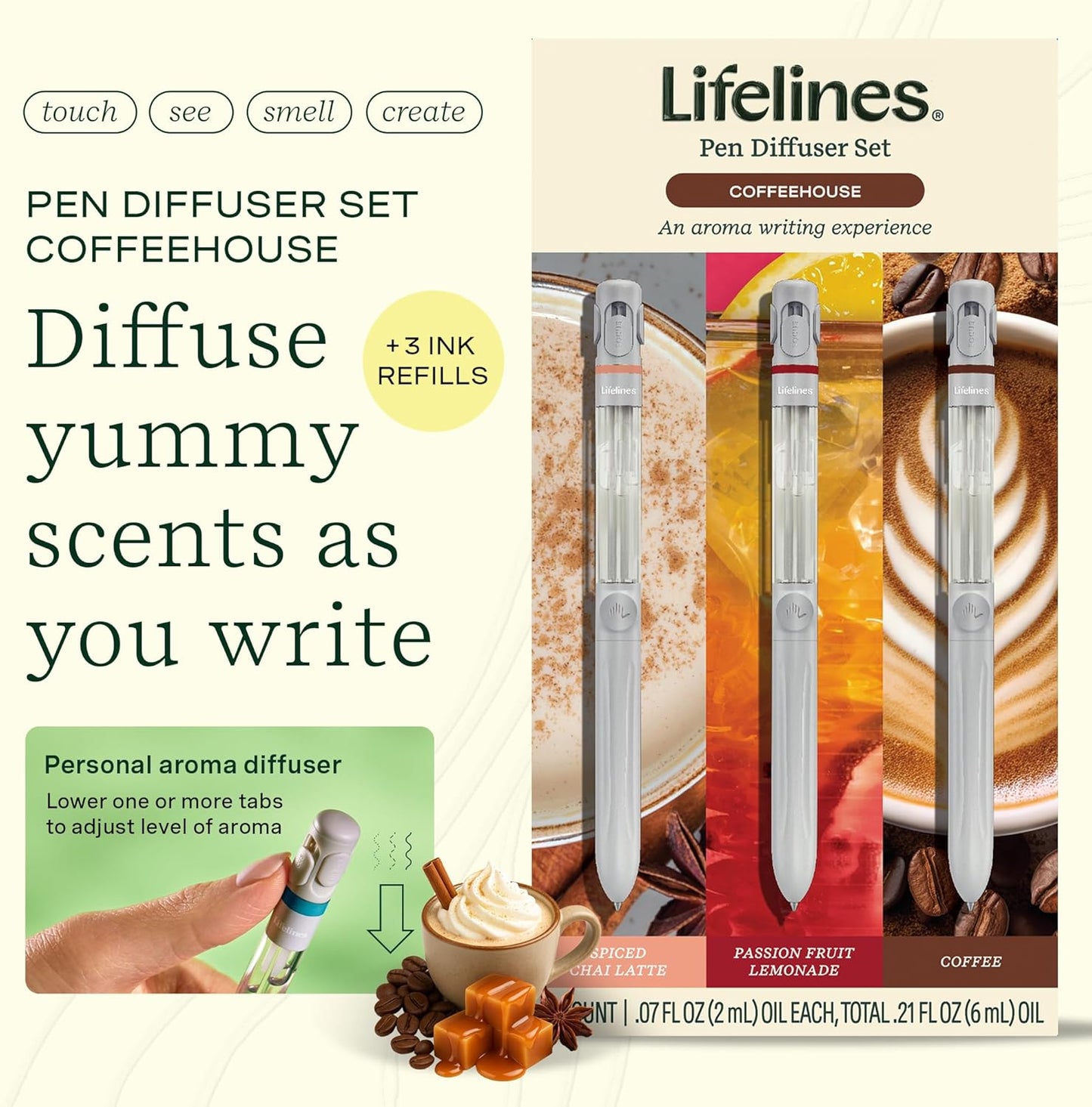 Lifelines Pen Diffuser Set, Coffeehouse 3-Pack - 1mm Black Ballpoint Pens with Scented Essential Oil Blends – Aromatherapy Diffuser & Sensory Immersion Diffuse Aroma As You Write