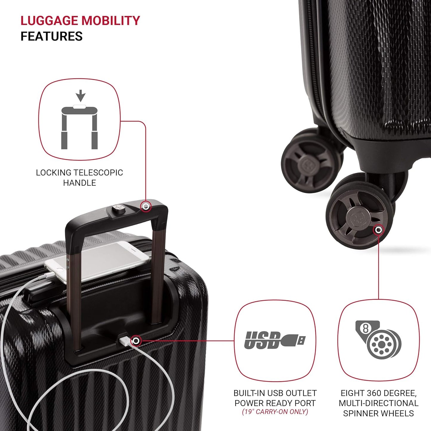 SwissGear 7272 Energie Expandable Hardside Luggage with Spinner Wheels and TSA Lock, Black, Carry-On 19-Inch