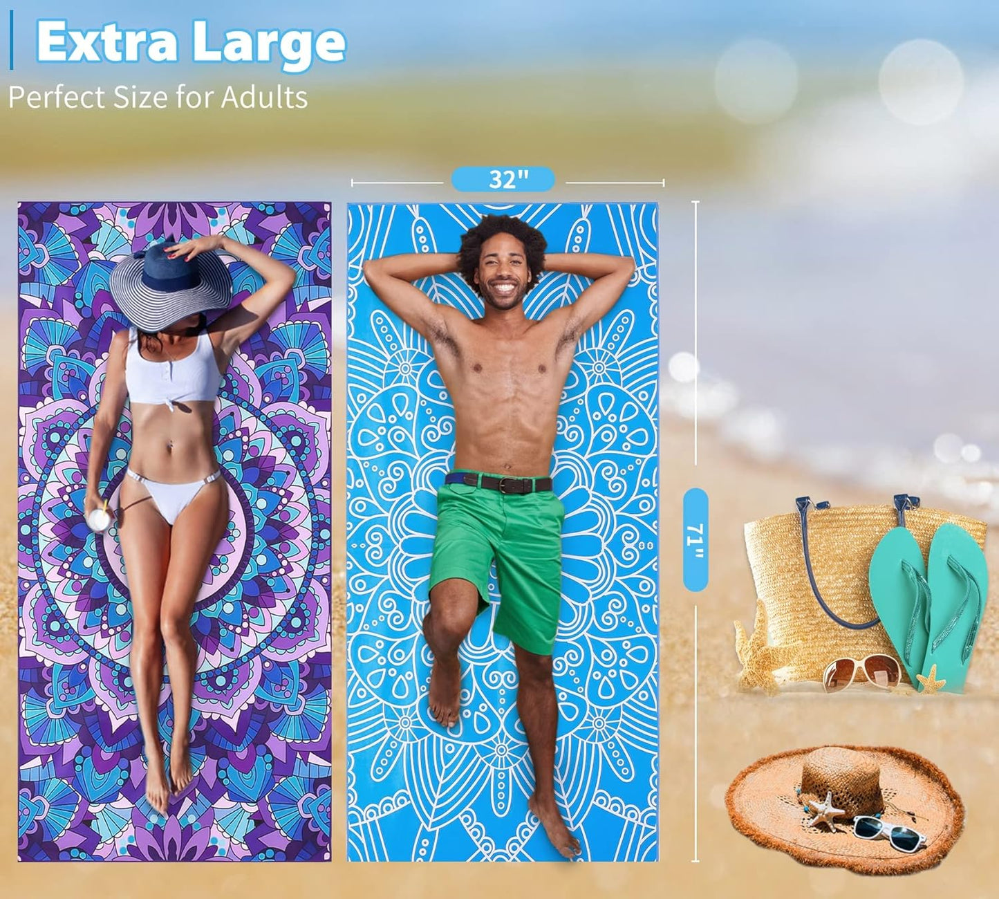 4 Pack Microfiber Oversized Lightweight Beach Towel 71"x32" XL Extra Large Thin Sand Free Towels Travel Swim Pool Yoga Gym Camping for Adults Women Men Beach Essentials Accessories Vacation Gift