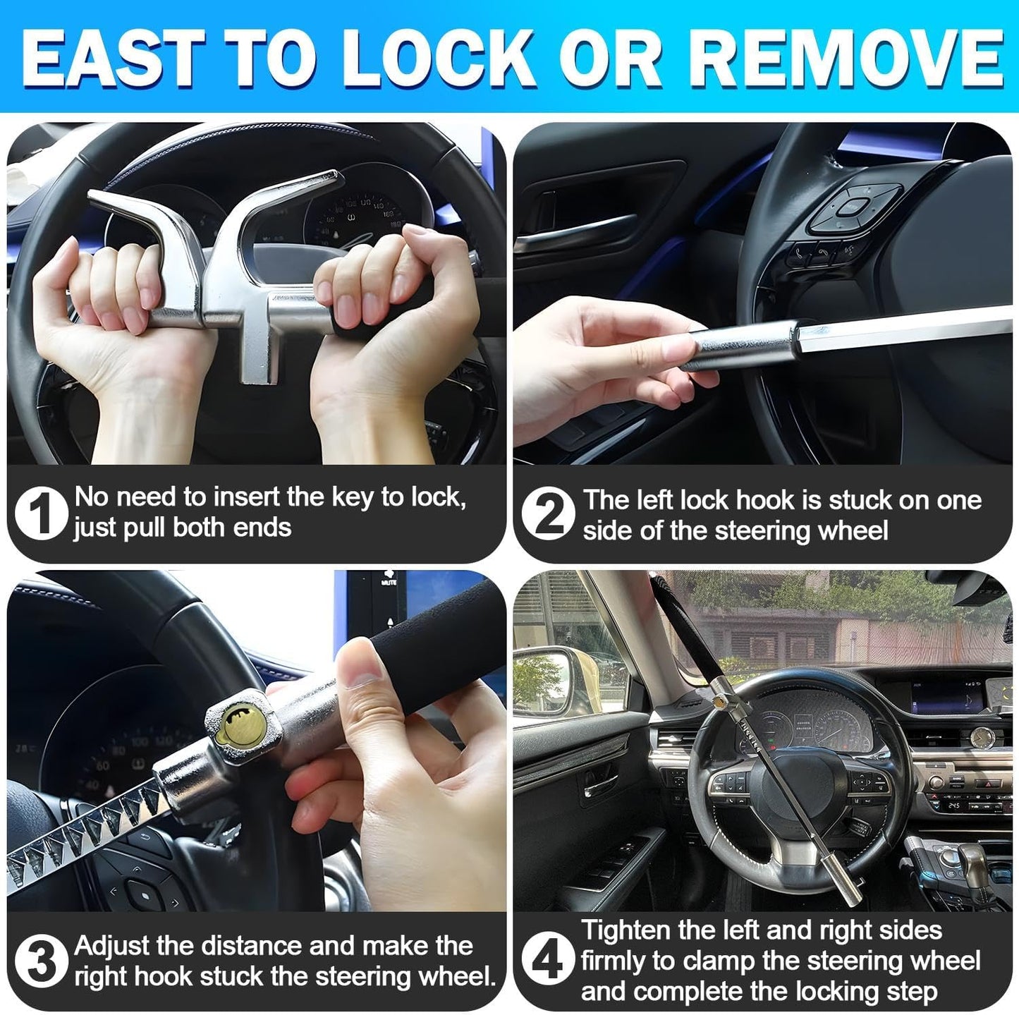MONOJOY Steering Wheel Lock Universal Security Car Locks with Safety Hammer Heavy Duty Carro Wheel Locks Retractable Anti-Theft Prevention Device for Truck|SUV|Van Accessories, Black