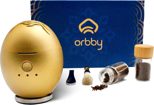 Orbby Scent Diffuser Starter Kit | Small Portable Desk Diffuser for Office: Electric Incense Burner, Rechargeable Cordless Pet Safe, Odor Eliminator – Flameless (Gold, Includes Pellets)