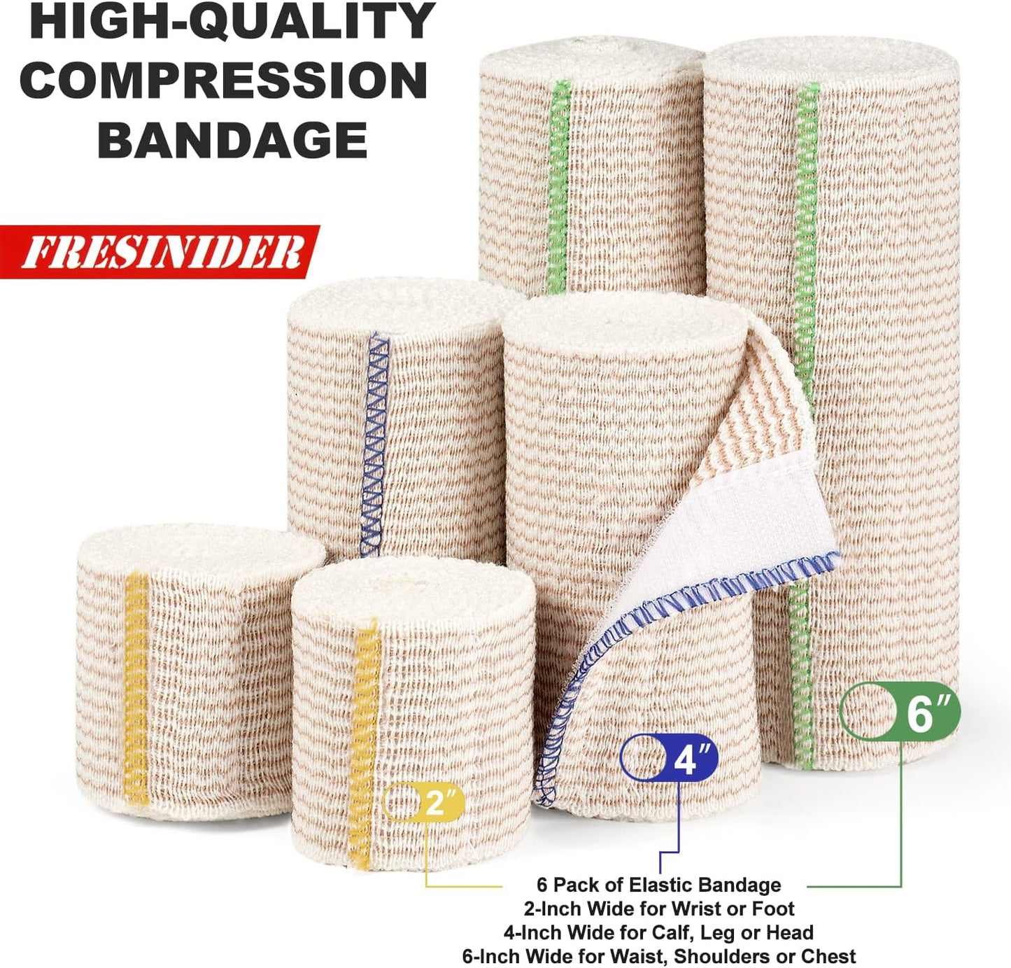 FRESINIDER Premium Elastic Bandage Wrap, 6 Pack (2x2, 2x4, 2x6) Cotton Compression Bandage with Touch Closure at Both Ends, Support & First Aid, Medical, and Injury Recovery