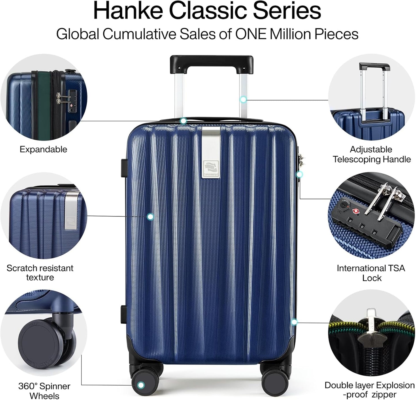 Hanke Expandable Hardshell Luggage Sets 3 piece Carry On Luggage with Wheels Suitcases Lightweight Checked Travel Luggage Rolling Large Suitcase Travel Luggage Bag Woman Men 20/24/29 Inch(Dark Blue)