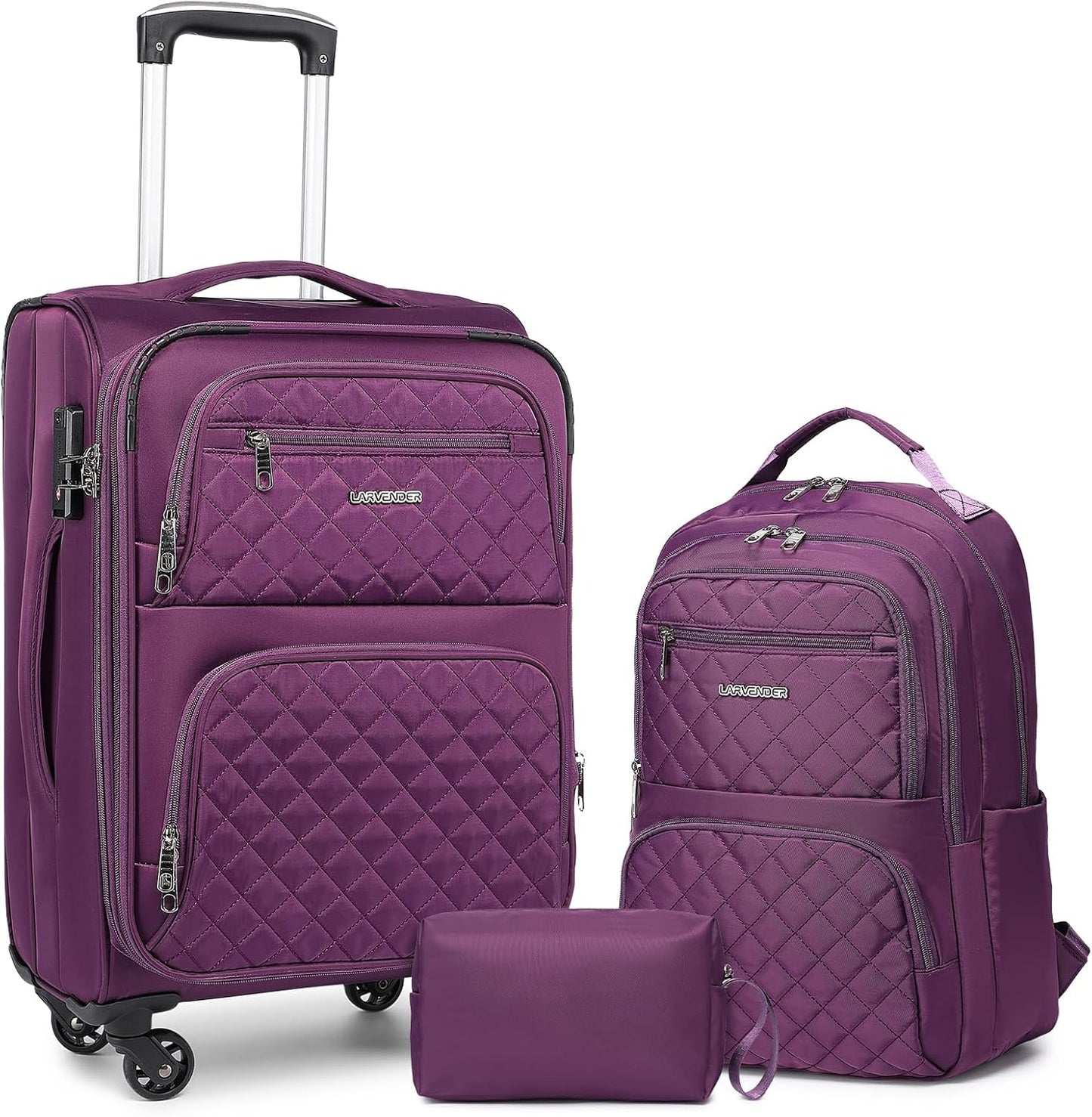 LARVENDER Softside Carry On Luggage 3 Piece, Expandable Carry On Luggage 22x14x9 Airline Approved 20-inch Carry on Suitcase with Spinner Wheels for Men Women, TSA Lock, Purple (20/BP/TB)